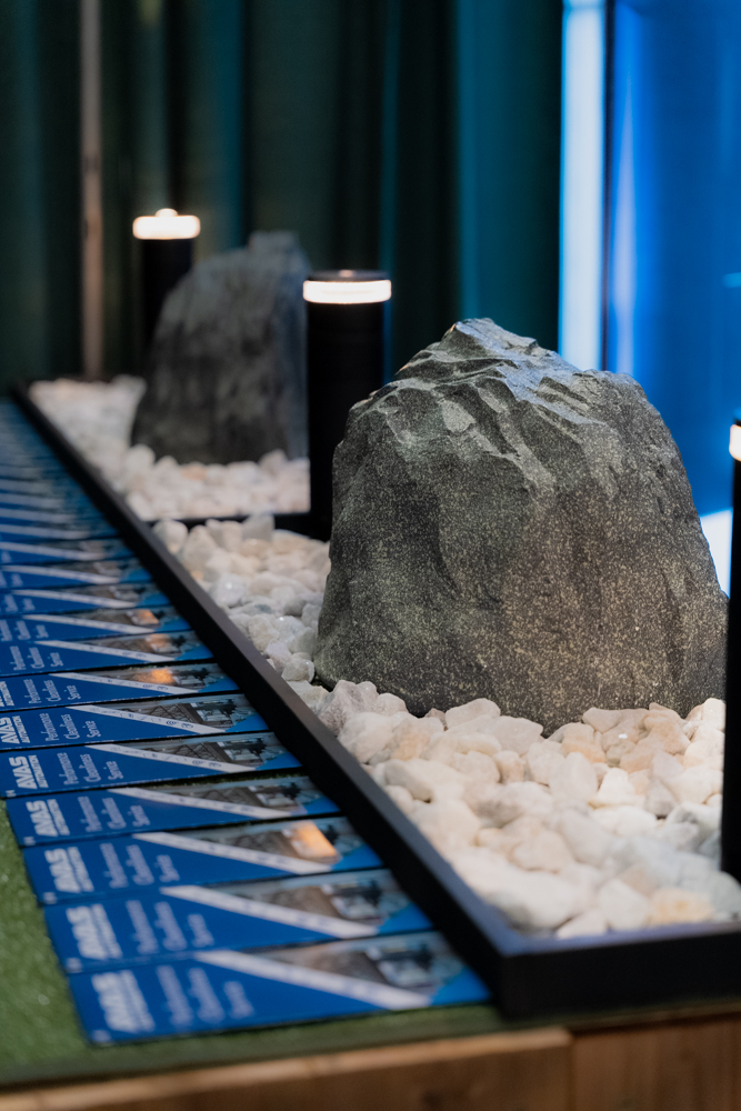 Outdoor rock-shaped landscape speakers from the AVAS automation trailer
