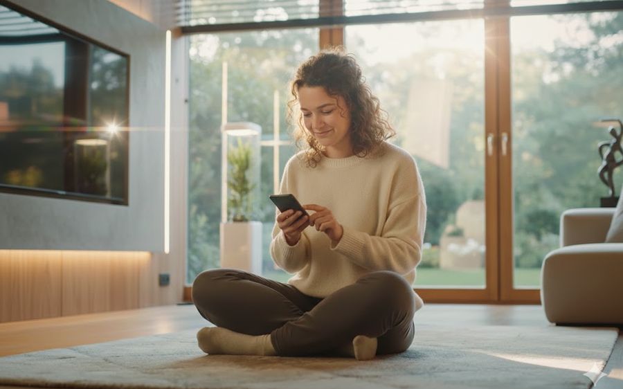 A homeowner controlling her living room lighting, shades, and music from the Control4 app on her phone