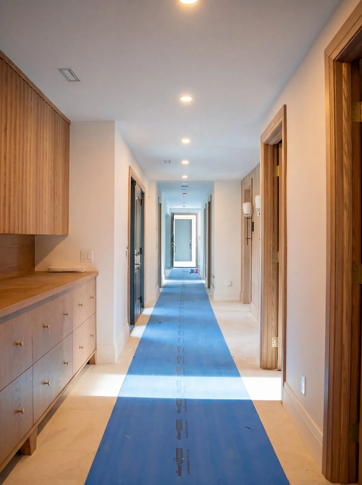 A long hallway in a custom home under construction, with wood millwork and a blue floor protector
