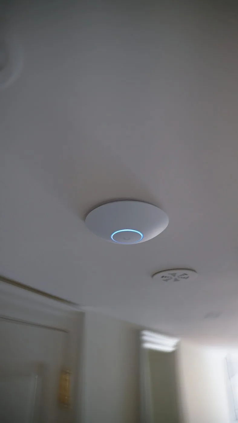 A white WiFi access point mounted on a ceiling in a King City home, its blue status ring lit