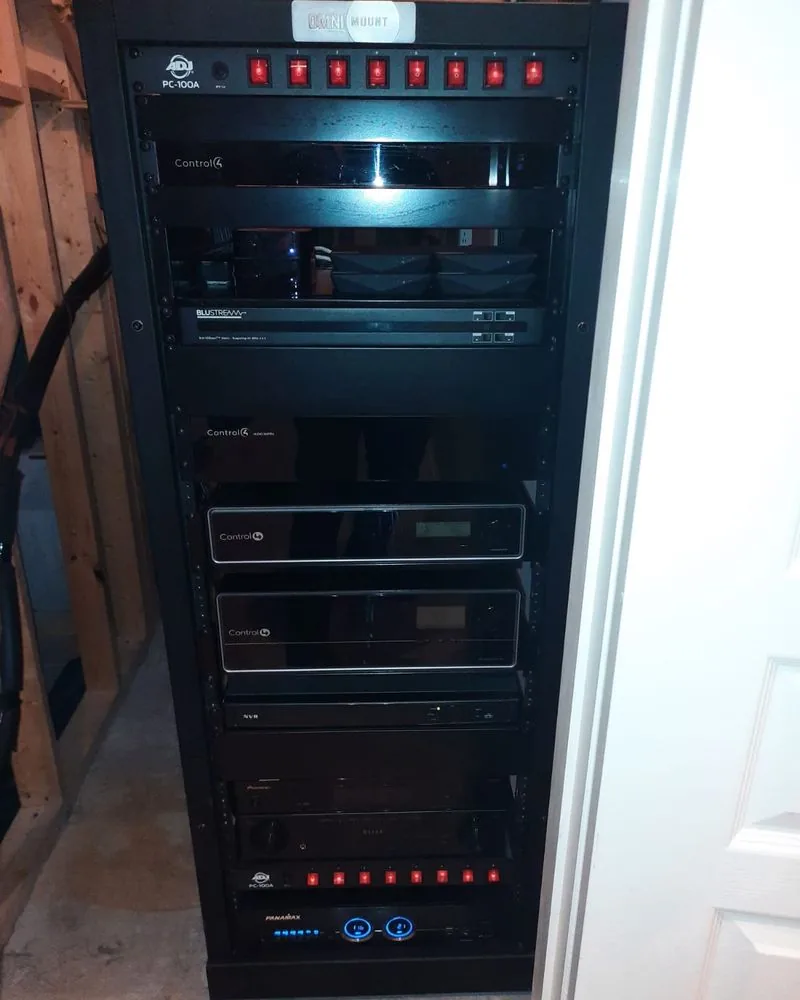 A lit equipment rack with every component stacked and labelled